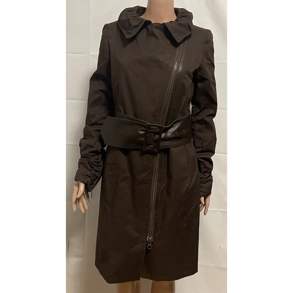 Mackage Asymmetrical Long Trench Coat Size M Chocolate Brown Leather Belt